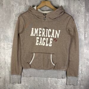 Y2K Womens Brown Cross Button Hooded NY American Eagle Hoodie X-S